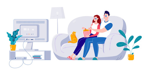 A married couple is watching a 3D movie on a big screen, sitting on a sofa at home. Self-isolation at home.