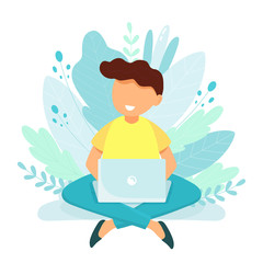 Man with laptop sitting in nature and leaves. Concept illustration for working, freelancing, studying, education, work from home. Vector illustration in flat cartoon style.