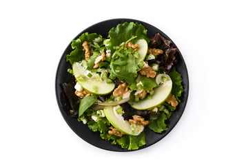 Fresh Waldorf salad with lettuce, green apples, walnuts and celery isolated on white background. Top view. 