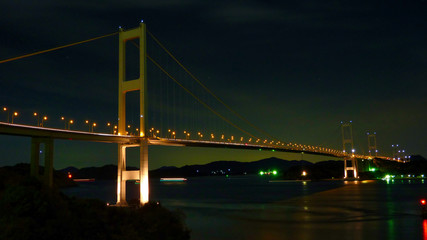 橋, 建築, 夜, しまなみ海道, ランドマーク, 空, 青, 海, ライトアップ