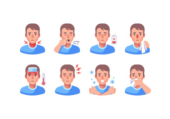 Man with different flu symptoms. Medical character collection. Coronavirus symptoms icon set