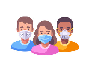 Three characters in face masks flat illustration. Coronavirus protection concept. Different people fighting epidemic together
