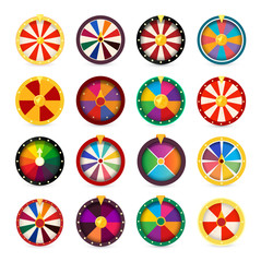Fortune wheels. Gambling games logo set. Vegas casino tables logotypes collection. Money betting icon. Jackpot sign. Spin and win. Colorful round online leisure symbol. Risky stakes.