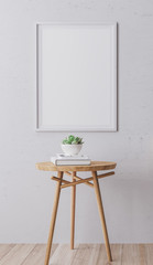 Mockup of Scandinavian interior poster with vertical white wooden frame on gray wall background. with modern design table in A4, A3 size format. 3D rendering, illustration