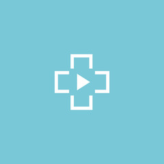 Fototapeta premium Symbol of medicine, cross from geometric lines and play button as symbol of distance doctor consultation or remote work of medical staff. Digital virtual medical service vector logo concept.