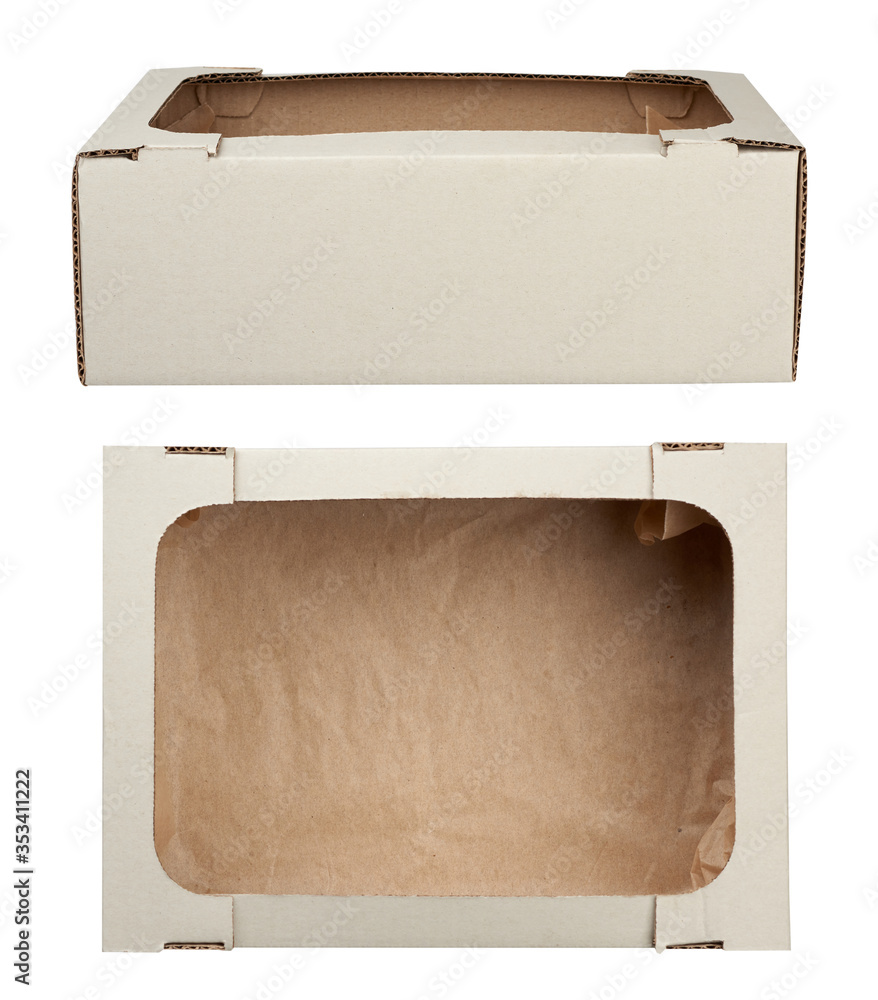 Poster empty white paper box made of corrugated cardboard with parchment paper on the bottom and without a 