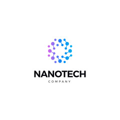 Nano technology logo. Atomic structure logotype. Round scientific laboratory innovation icon. Genetic research. Isolated chemical, molecular connections. Biotechnology vector illustration.