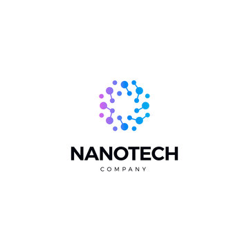 Nano technology logo. Atomic structure logotype. Round scientific laboratory innovation icon. Genetic research. Isolated chemical, molecular connections. Biotechnology vector illustration.