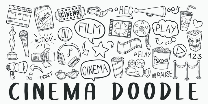 Cinema Doodle Line Art Illustration. Hand Drawn Vector Clip Art. Banner Set Logos.