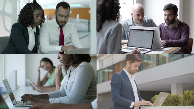 Managers using laptops for work, discussing projects, sharing ideas. Closeup, multiscreen montage, collage portraits. Communication and teamwork concept