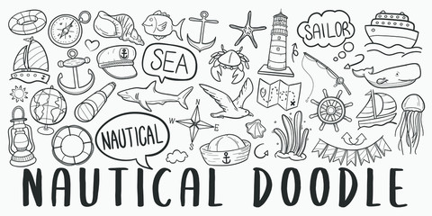 Nautical Sport Doodle Line Art Illustration. Hand Drawn Vector Clip Art. Banner Set Logos.