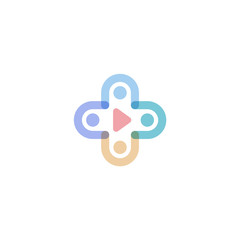 Medical cross, abstract peoples holding hands icons, play button. Logo concept for telemedicine services. Isolated vector emblem.