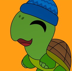 Turtle Closes its Eyes While Smiling and Wearing a Hat Cartoon, Cute Funny Character, Flat Design