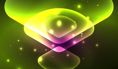 Glowing neon shiny transparent abstract geometric shapes with light effects. Techno futuristic vector abstract background For Wallpaper, Banner, Background, Card, Book Illustration, landing page