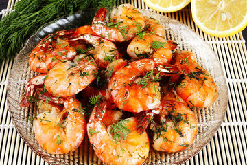 fried shrimp with dill, macro, background