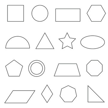 Set of vector outlines of simple flat geometric shapes. Icons linear flat geometric shapes on white background