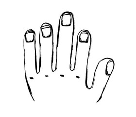 Isolated vector illustration with damaged female or male square nails. Top view. Hand drawn linear sketch. Black grunge hand-drawn icon on white background. Cartoon doodle style.