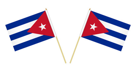 Two small Cuban flags isolated on white background, vector illustration. Flag of Cuba on pole