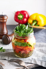 Organic homemade salad served in jar, mason healthy food , copy space