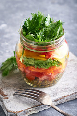Organic homemade salad served in jar, mason healthy food , copy space
