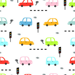 Seamless pattern Colorful vintage car background and traffic sign Cute design hand-drawn in cartoon style Used for publication, gift wrapping, textile, fabric, vector illustration.