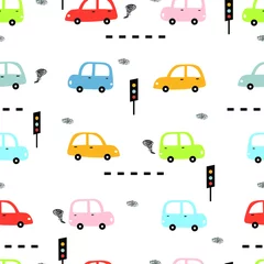 Wall murals Cars Seamless pattern Colorful vintage car background and traffic sign Cute design hand-drawn in cartoon style Used for publication, gift wrapping, textile, fabric, vector illustration.
