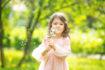 Little girl child cute and beautiful with a bunch of dandelions blowing on them in nature