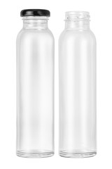 two High shape  Empty glass bottle jar with a black lid and without lid  For food preservation or containing liquid
Shot from the front view on isolated white background with clipping paths