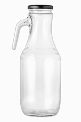 High shape Empty glass bottle jar with black lid   For water or any preferred liquid Shot from the front view on isolated white background with clipping paths