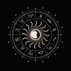 Sun, crescent and zodiac circle. Moon face. Vintage illustration.