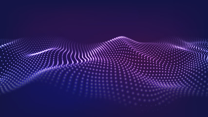 Abstract background of moving particles. Futuristic dotted 3D wave. Big data. Vector illustration.