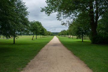 Fototapeta na wymiar Long straight gravel/sand path surrounded by green trees