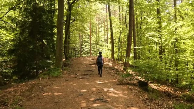 Young Woman walking on a Hiking Trail at the Devil's Table in the Palatinate Forest, Germany