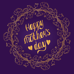 Lettering With mother s day in a gold round flower frame on a purple background. Vector illustration