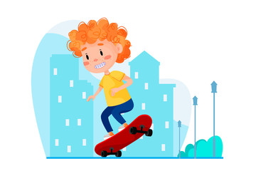Happy boy riding skateboard outside. Summer holidays outdoor activities for children. Vector illustration on white isolated background.