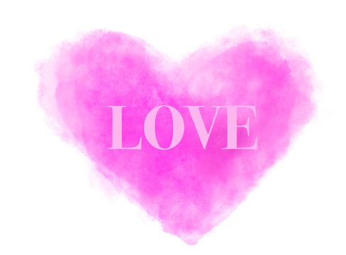 The word LOVE written on an ethereal pink and fluffy cloud splash heart. Computer generated watercolor image isolated on white background.