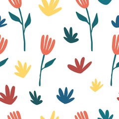 Fototapeta na wymiar Cute seamless background with flowers and leaf in naive style. Spring and summer abstract wallpaper with geometric shape and leaves. Hand drawn nature backdrop in scandinavian style. Vector