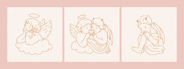 Newborn little Babies. Cards with Angels, Cupid and Demon. Wings, horns and halo. Tattoo idea. Hand drawn Vector illustrations. Outline, coloring page concept. Every illustration is isolated