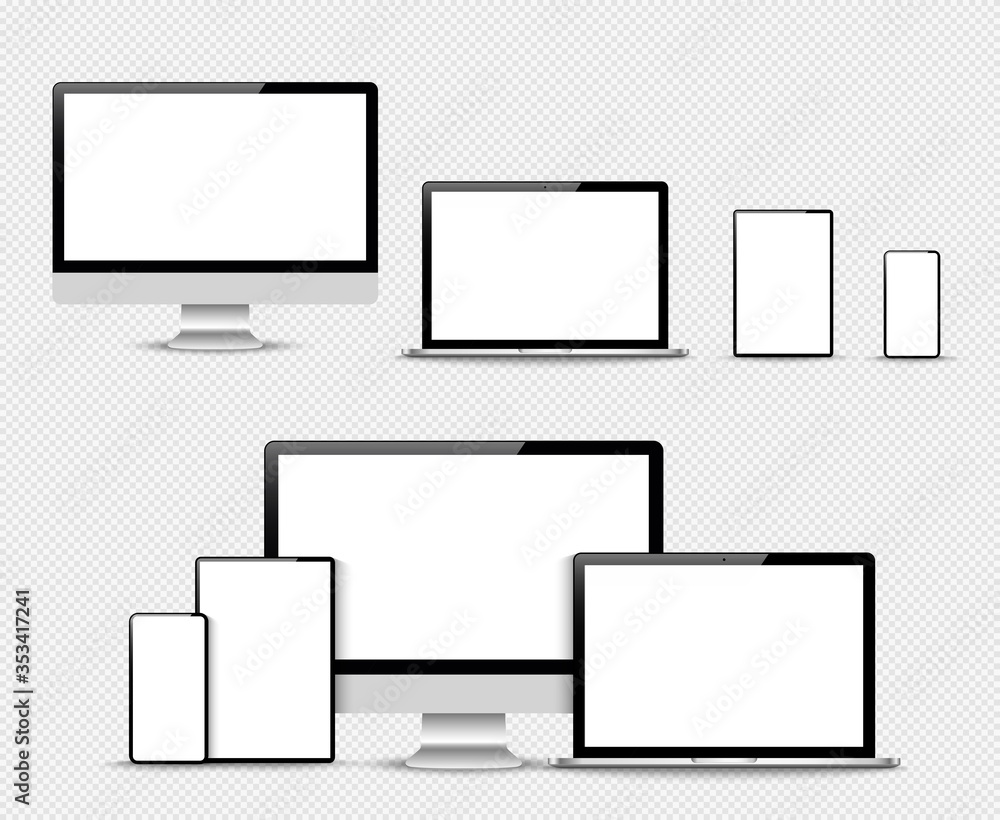 Poster set of compute, laptop, smartphone with empty screens. design on transparent background. . vector il