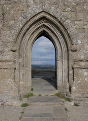 Fototapeta na wymiar The doorway of St Michael's church on the top of Glastonbury Tor in Somerset, United Kingdom