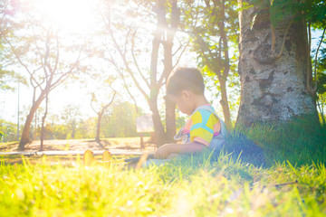 Obraz na płótnie Canvas Little asian boy sitting on green grass under tree use tablet computer internet browser