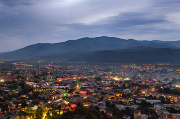 Top view on the evening city of Khust, Transcarpathia Ukraine
