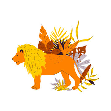 Lion Animal King Standing Among Leafy Foliage Vector Illustration
