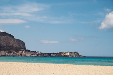 Fototapeta na wymiar View on Mondello beach in Palermo in Sicily