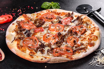 Fresh hot pizza with meat, mushrooms, cheese and tomatoes made in an oven
