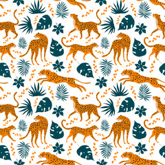 Seamless Bright Pattern with Leopard Animal and Bright Tropical Leaves in Vector