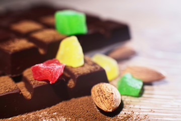 Chocolate with nuts close-up narrow zone of sharpness