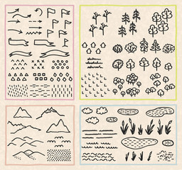 Set with thematic sets of cartographic symbols. Vector illustration with hand-drawn elements for a map. Doodles in the style of line art and flat.
