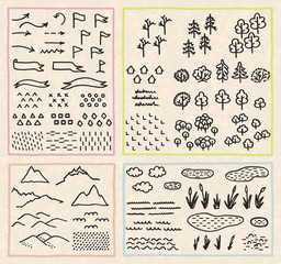 Set with thematic sets of cartographic symbols. Vector illustration with hand-drawn elements for a map. Doodles in the style of line art and flat. © Kristina Maikova