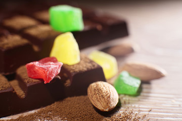 Chocolate with nuts close-up narrow zone of sharpness